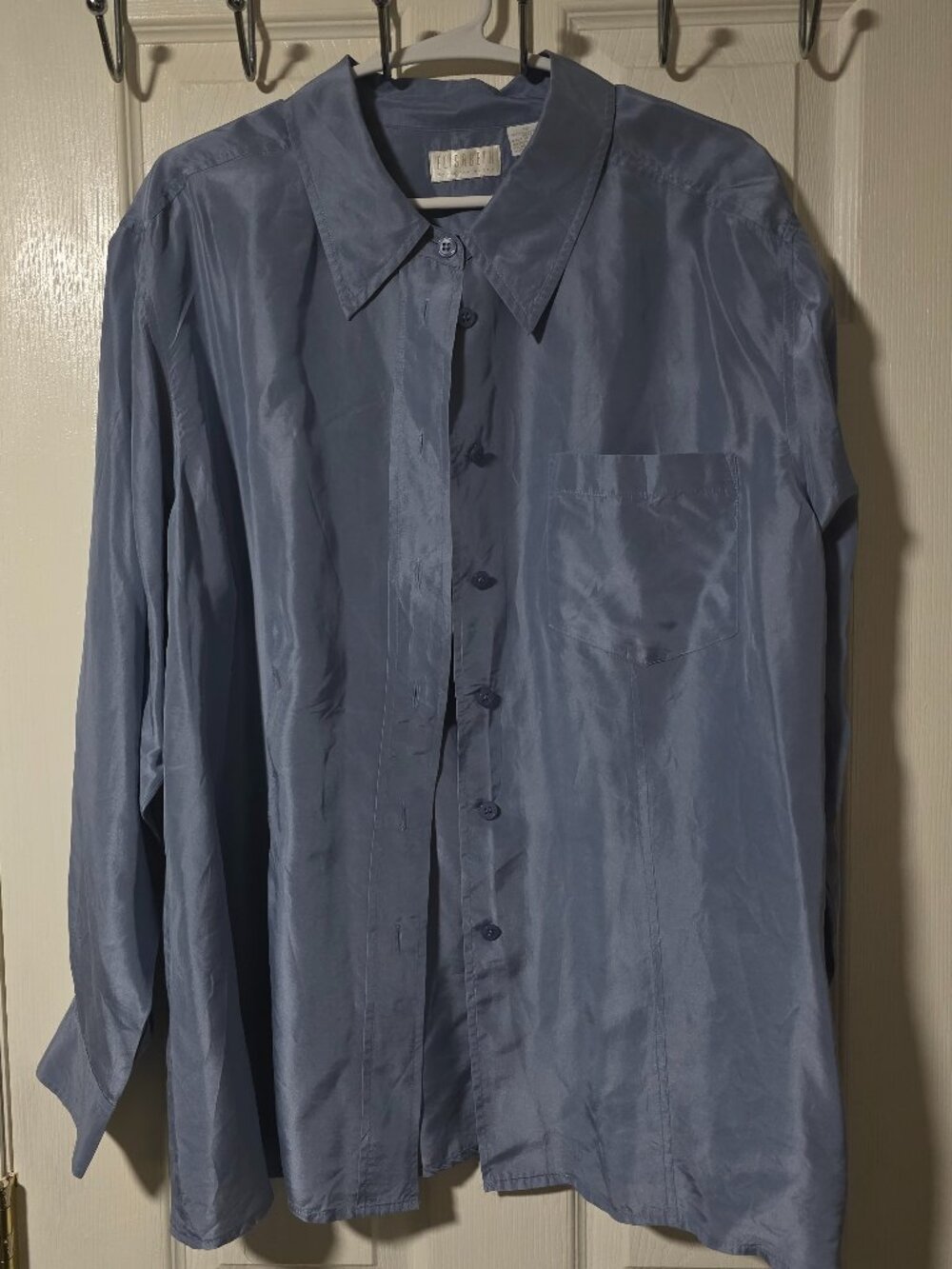 Elisabeth Liz Claiborne 100% Silk Blouse 16 Steel Periwinkle Blue Button Down